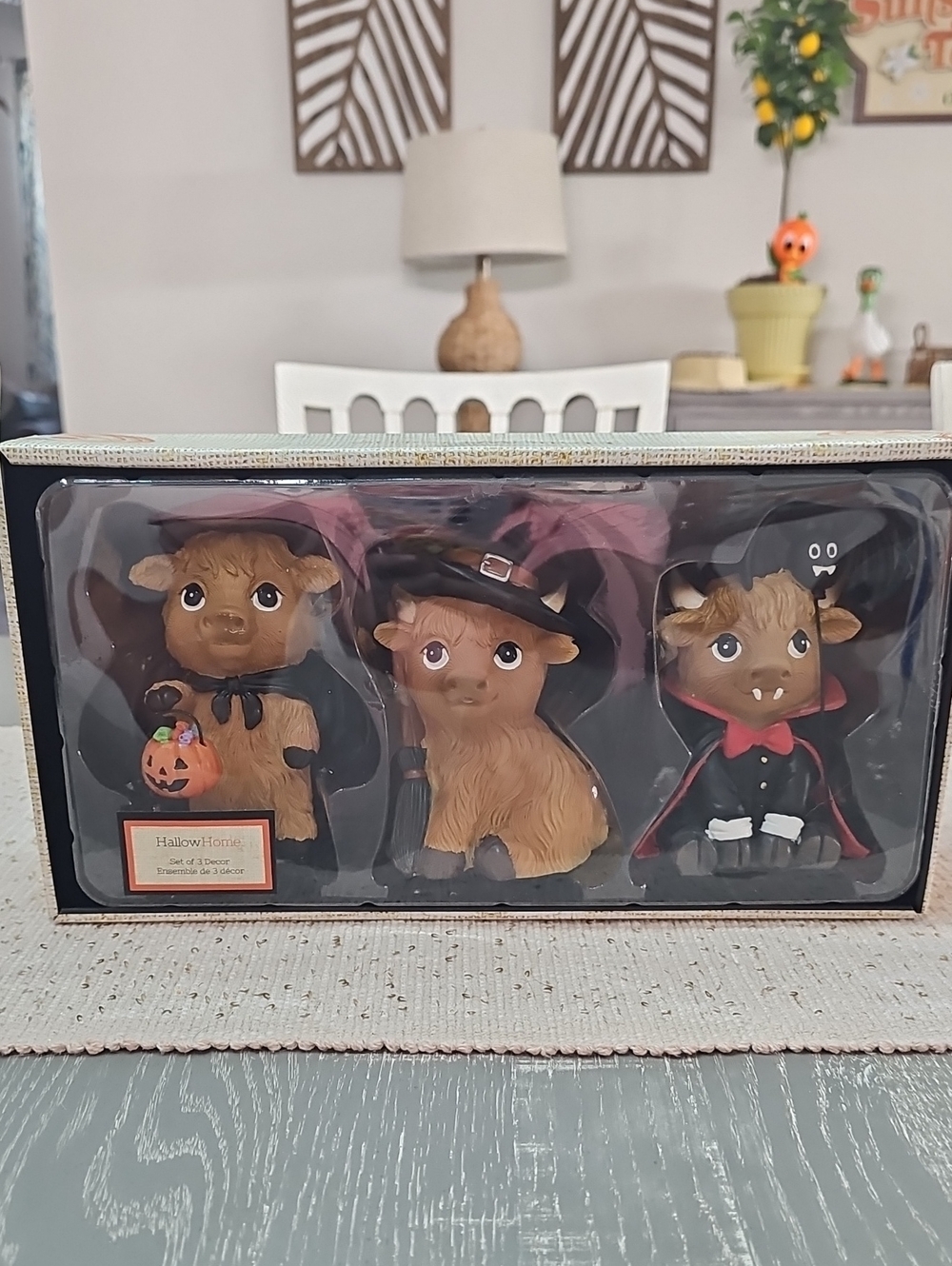 New! Set of 3 Highland Cow Figurines in Halloween Costumes